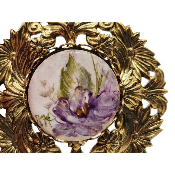 Vintage Hand Painted Porcelain Floral Brooch Gold Tone Filigree Setting 1.9" D - Picture 3 of 6
